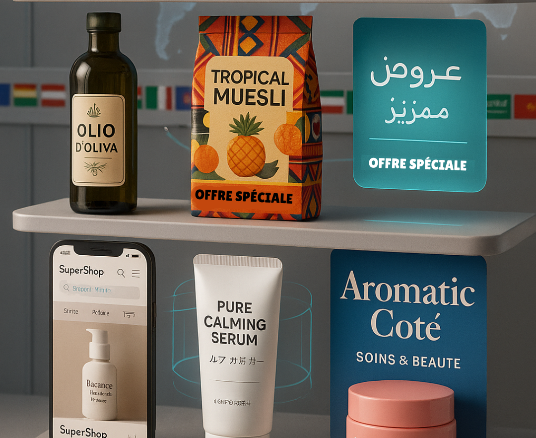 Global Design Shelf for Export-Ready Visual Communication A shelf displaying global product packaging, multilingual posters, and app mockups