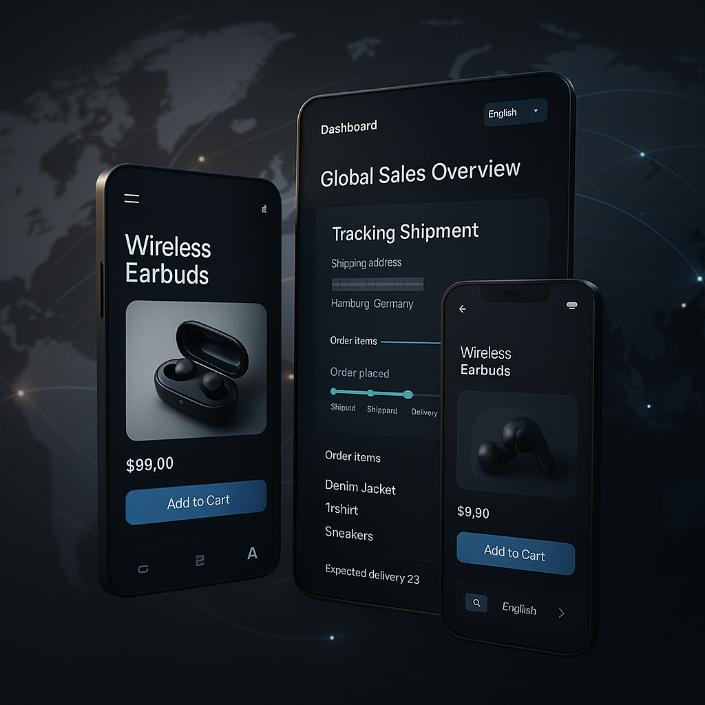 User Experience Design for Global Market Reach Dashboard UI and multilingual toggle features on a trade-focused app