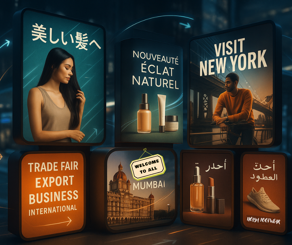 Marketing Posters That Speak Across Borders Trade expo poster with digital campaign visuals in multiple formats