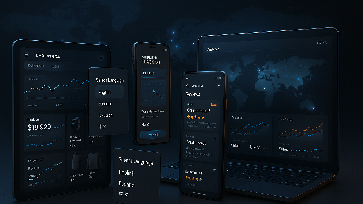 Seamless User Interfaces for Global Experiences App interface with multilingual features and international icons