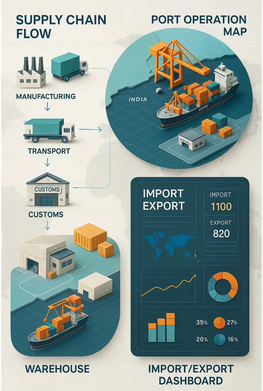 Infographics That Simplify Complex Trade Information Graphical representation of international trade processes and port workflows