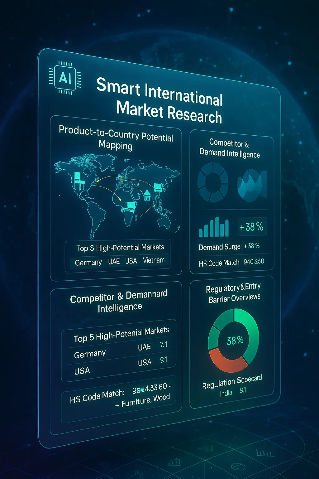Data-Driven Trade Research Using AI & Global Intelligence Platforms Visual AI dashboard mapping products to potential export markets