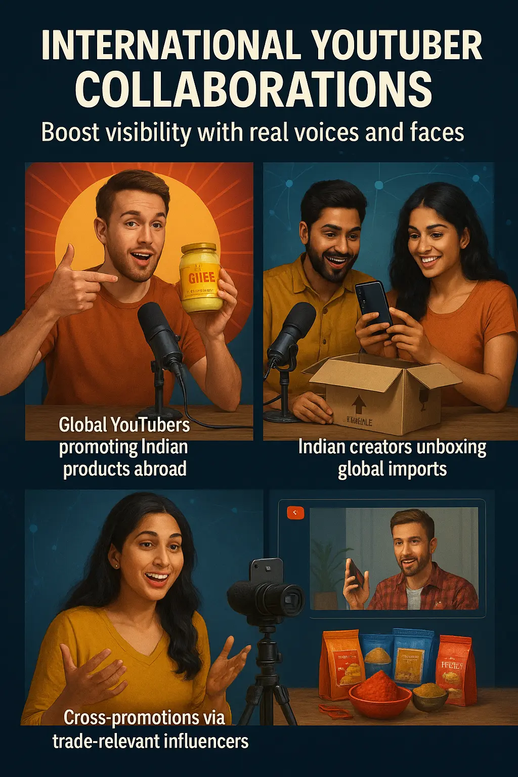 Promote products via international influencers YouTubers unboxing Indian and foreign products with cultural appeal