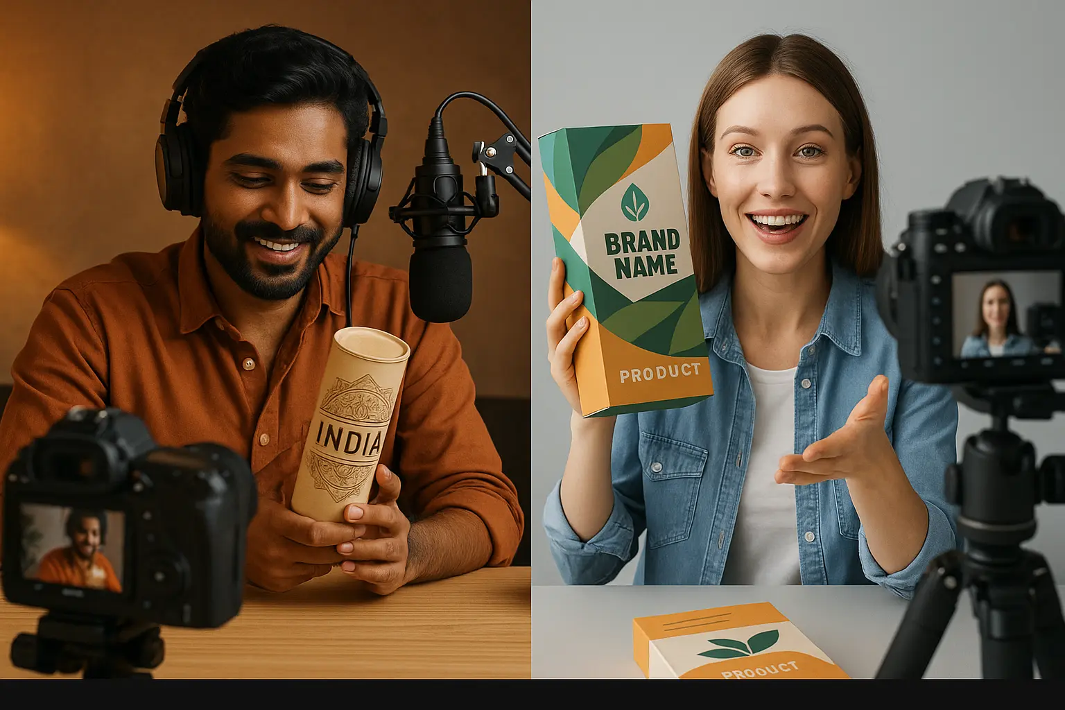 Split-screen of Indian and global creators producing content with international packaging or branding overlays Split-screen of Indian and global creators producing content with international packaging or branding overlays
