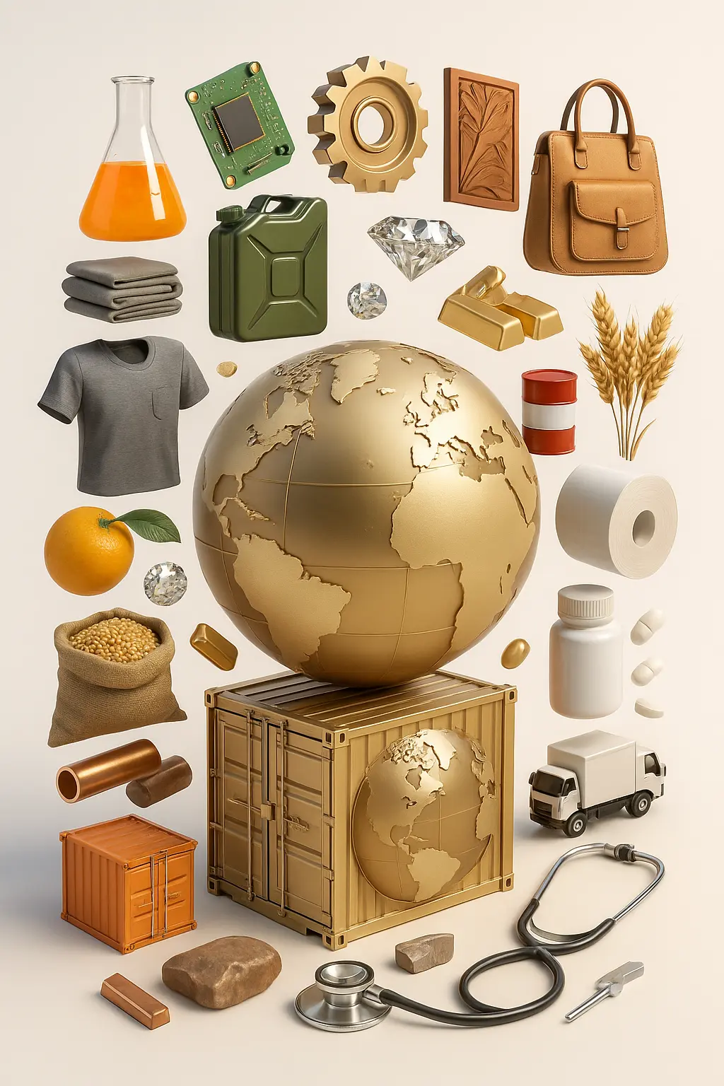 Explore the diversity of global trade — from agriculture to electronics — in this hyper-realistic 3D export-import showcase. 3D illustration of global trade featuring a golden globe on a shipping container, surrounded by export-import goods like electronics, pharmaceuticals, apparel, food grains, and medical instruments.