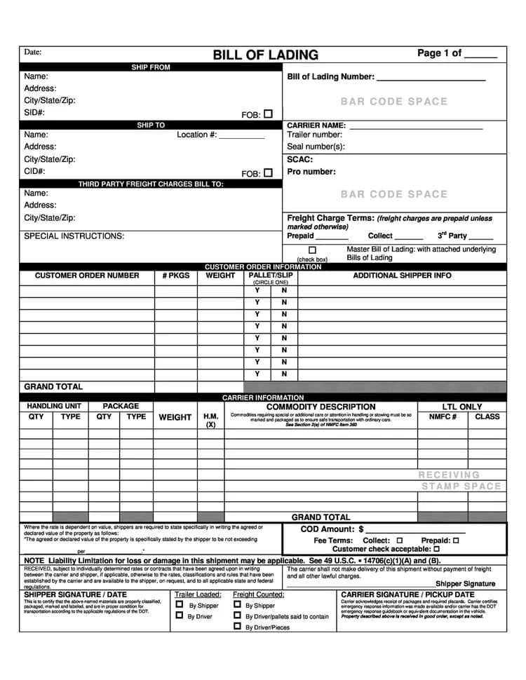 Sample Bill of Lading document showing shipment details, consignee, carrier, and freight terms for international trade
