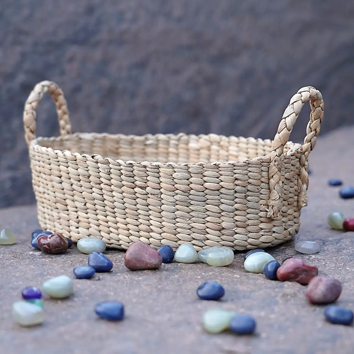 Handwoven oval basket made from natural water hyacinth – eco-friendly craftsmanship from India