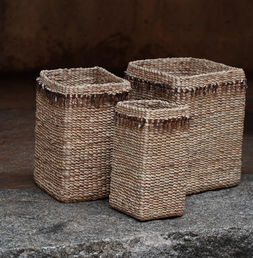 Set of handcrafted square baskets made from water hyacinth – eco-friendly storage solution from India