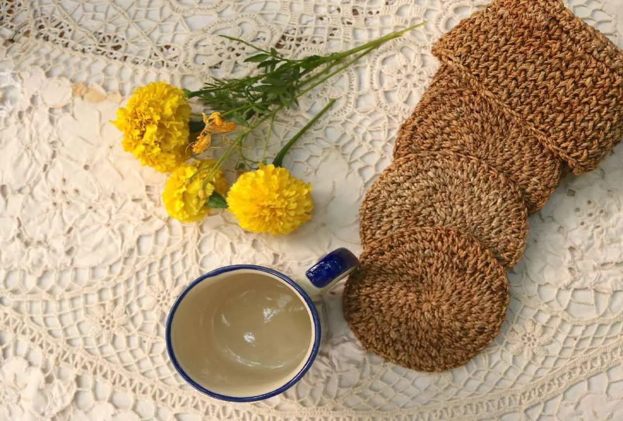 Banana Fibre Coaster Set – Rustic round handmade drink coasters
