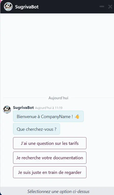 SugrivaBot chatbot interface displaying a conversation in French